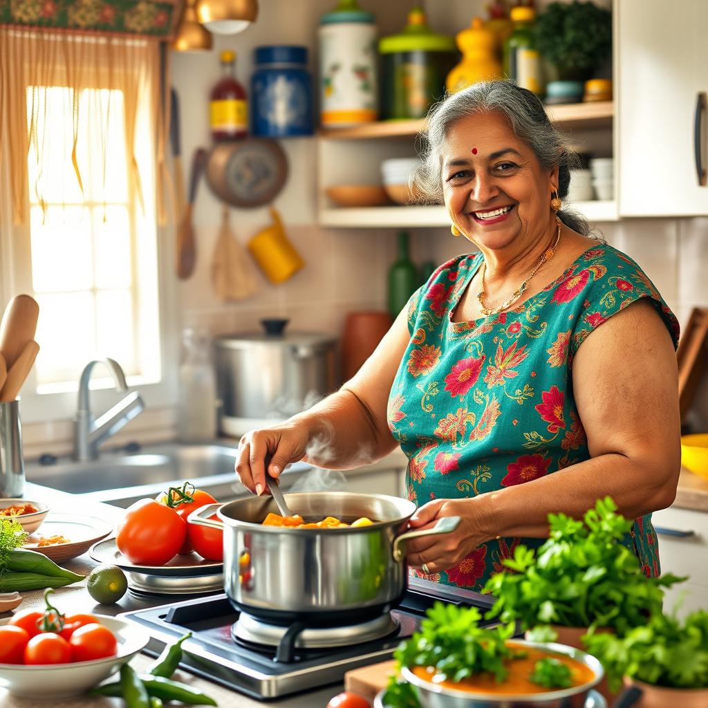 An Indian aunty in a vibrant kitchen, wearing a colorful apron with traditional patterns, cooking delicious Indian dishes