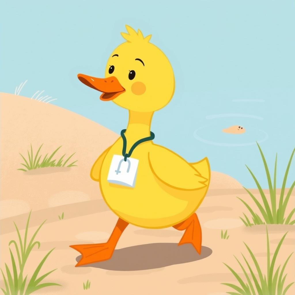 A cute little yellow duck with an expression of medical pride, confidently waddling with big webbed feet towards the riverbank, illustrated in the charming style of Jon Klassen