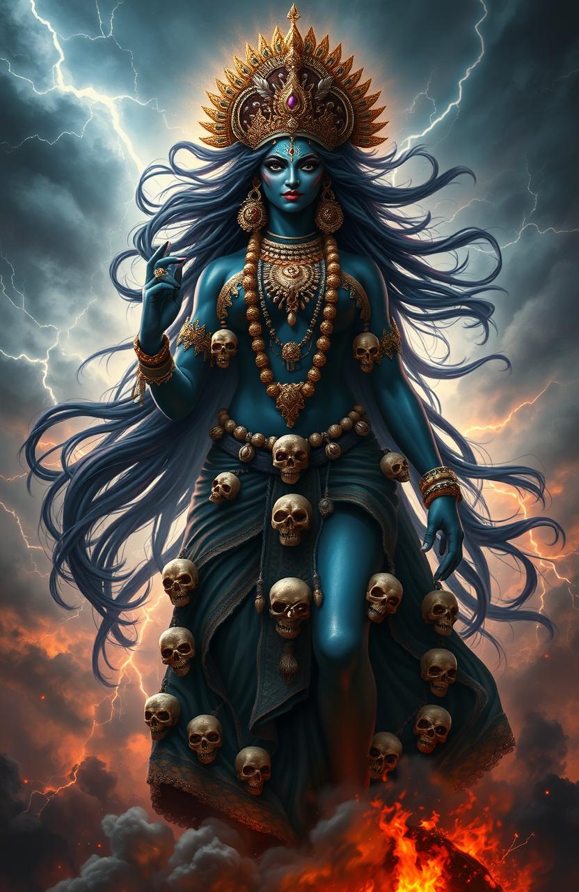 A stunning digital painting of Ma Kali, depicted as a fierce and powerful goddess