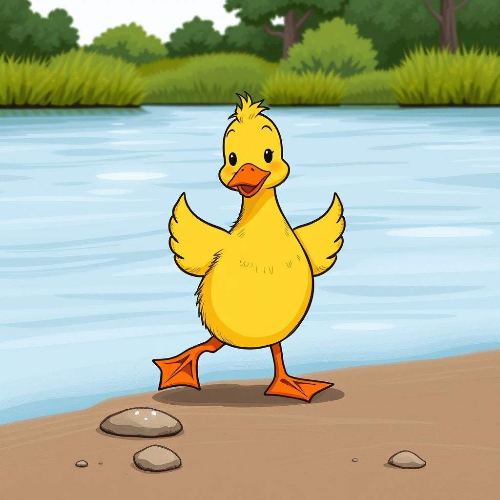 A cute little yellow duck with a proud expression, confidently waddling with big webbed feet towards the riverbank, illustrated in the charming style of Jon Klassen