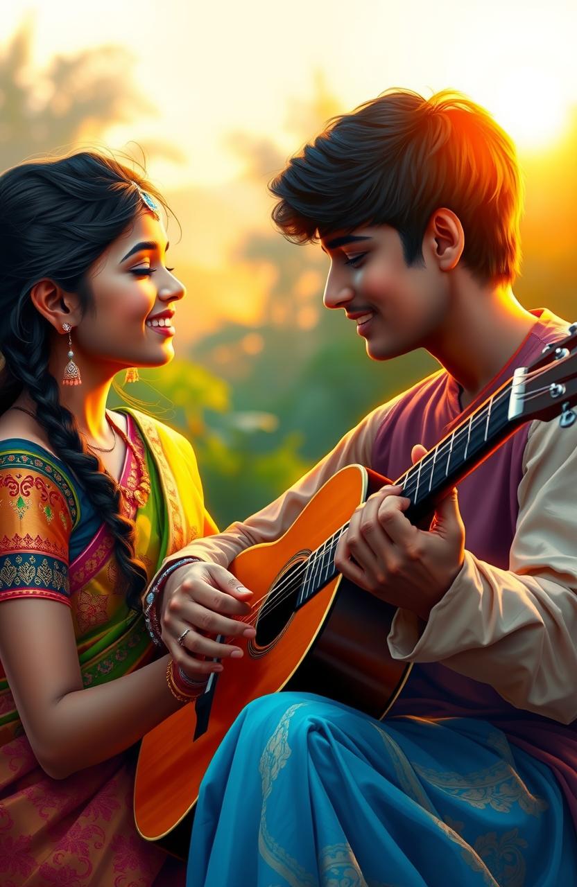 A beautiful digital painting art featuring an Indian girl wearing a colorful saree, adorned with intricate patterns and delicate jewelry