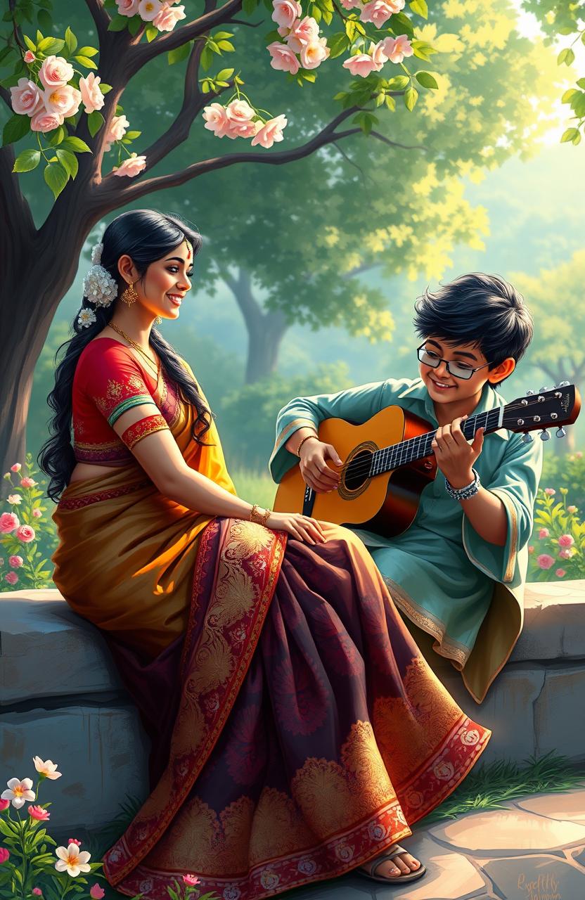 A beautiful digital painting of an Indian girl wearing a vibrant and elegant saree, sitting gracefully as she listens to an Indian boy playing guitar for her