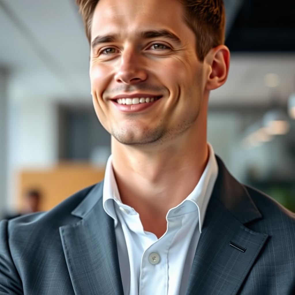A stylish adult male model in a professional setting, wearing a tailored suit, with a crisp white shirt and a prominent, elegant collar around his neck