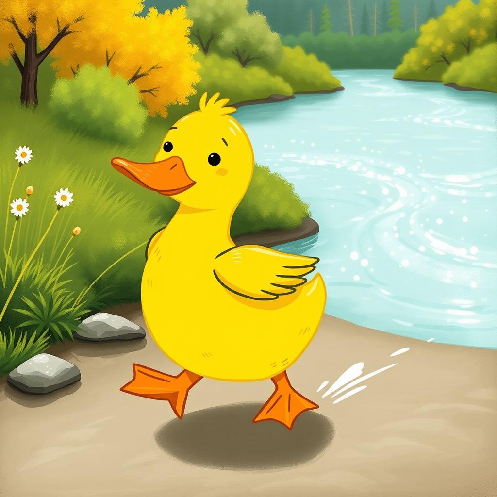 A cute little yellow duck with a proud expression, waddling confidently with big webbed feet towards the riverbank, illustrated in the charming style of Jon Klassen