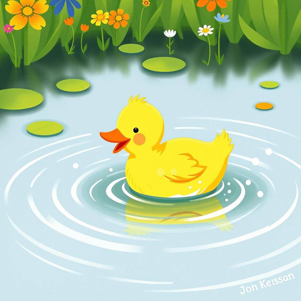 A cute little yellow duck joyfully playing and splashing around in a pond, illustrated in the charming style of Jon Klassen