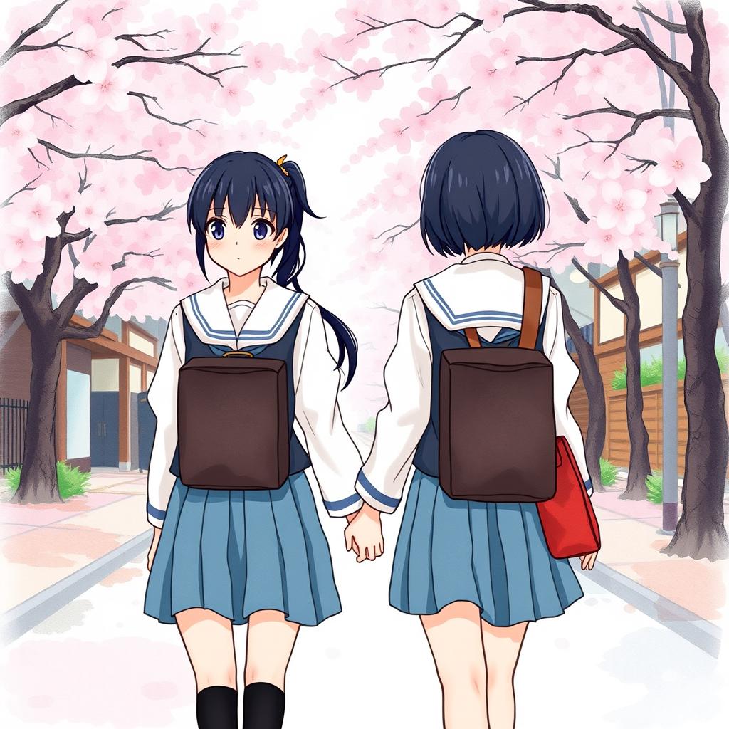 Two Japanese school girls walking home together, depicting their friendship and youthful energy