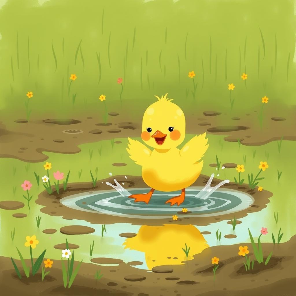 A cute little yellow duck happily waddling on muddy grass, surrounded by small colorful flowers, illustrated in the charming style of Jon Klassen