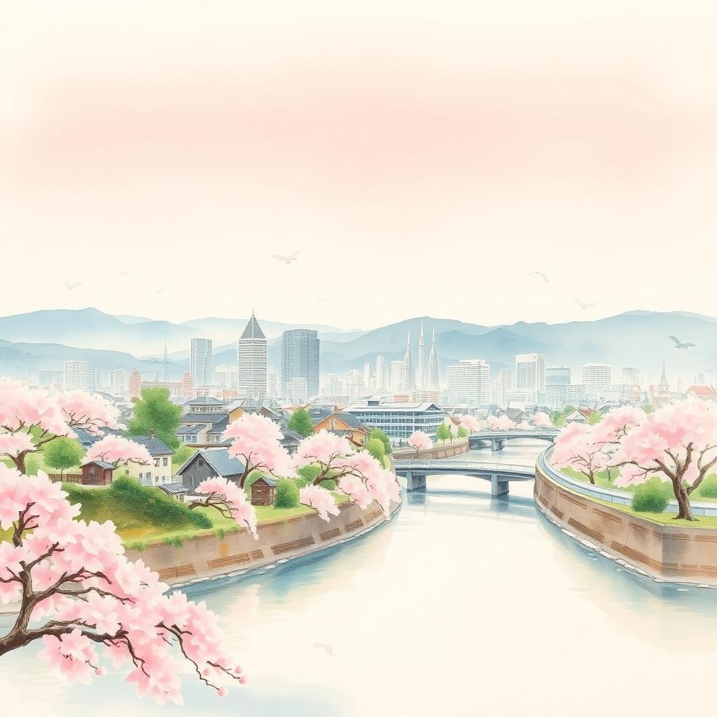 A serene Japanese watercolor painting depicting the city of Hiroshima