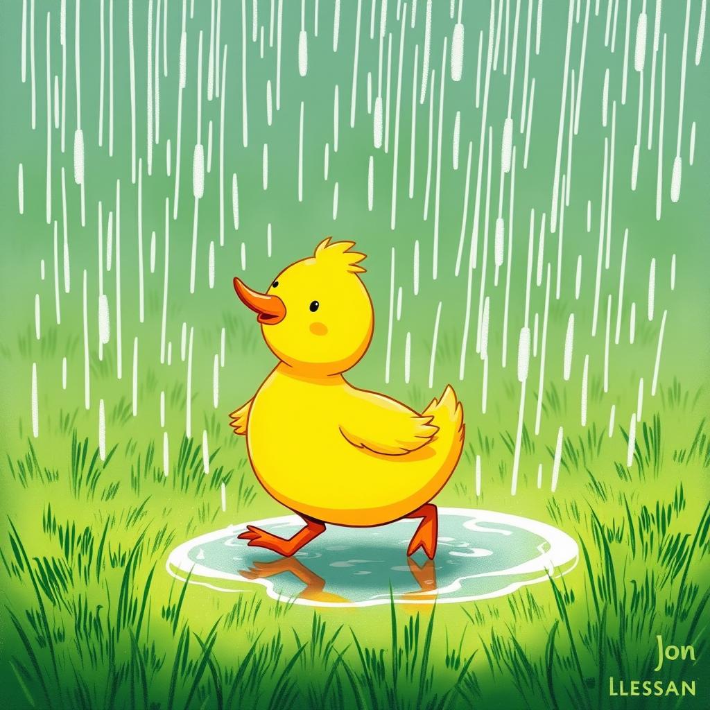 A cute little yellow duck joyfully enjoying the rain while walking on lush green grass, illustrated in the charming style of Jon Klassen