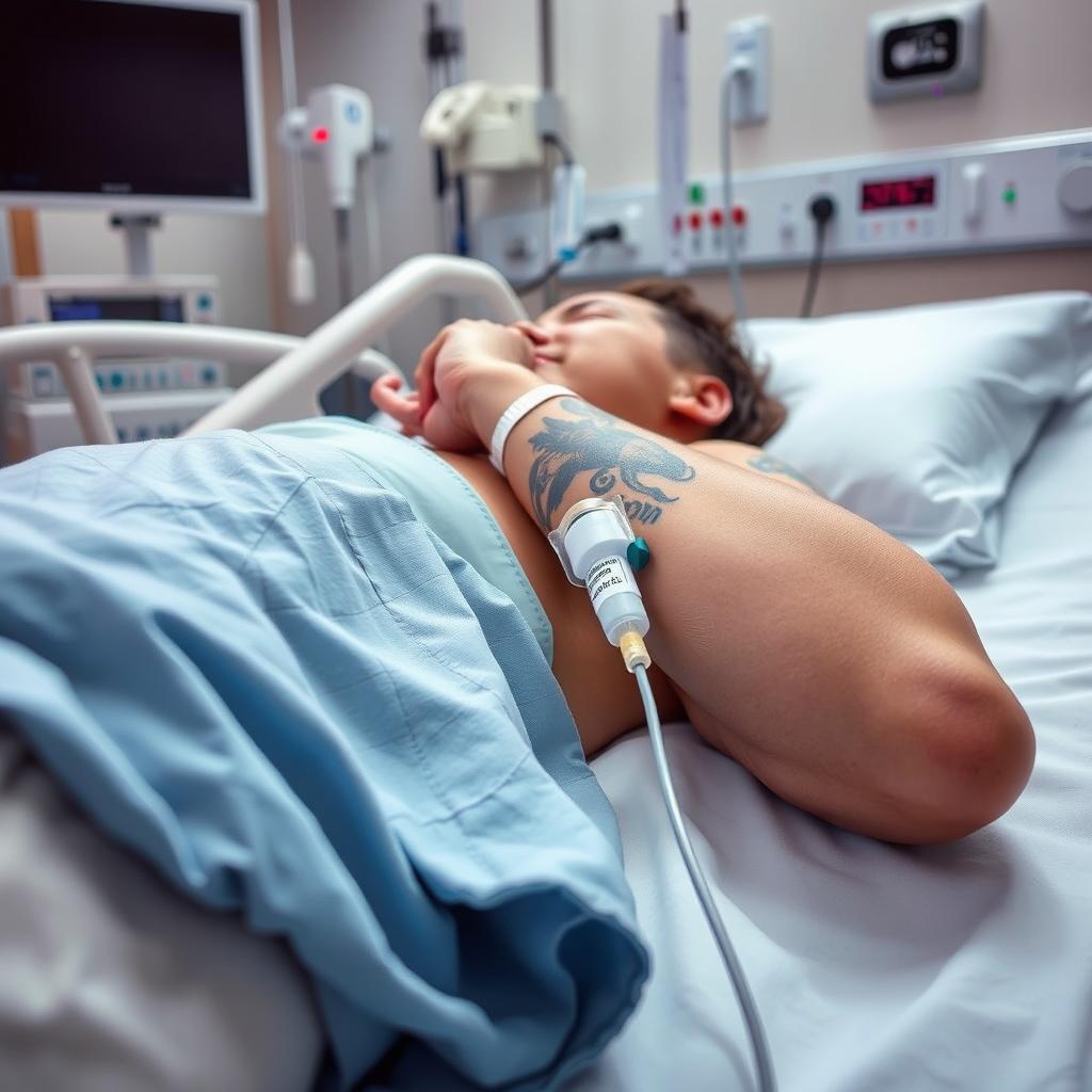 A person lying on a hospital bed, with their arm exposed showing a tattoo, receiving an IV drip