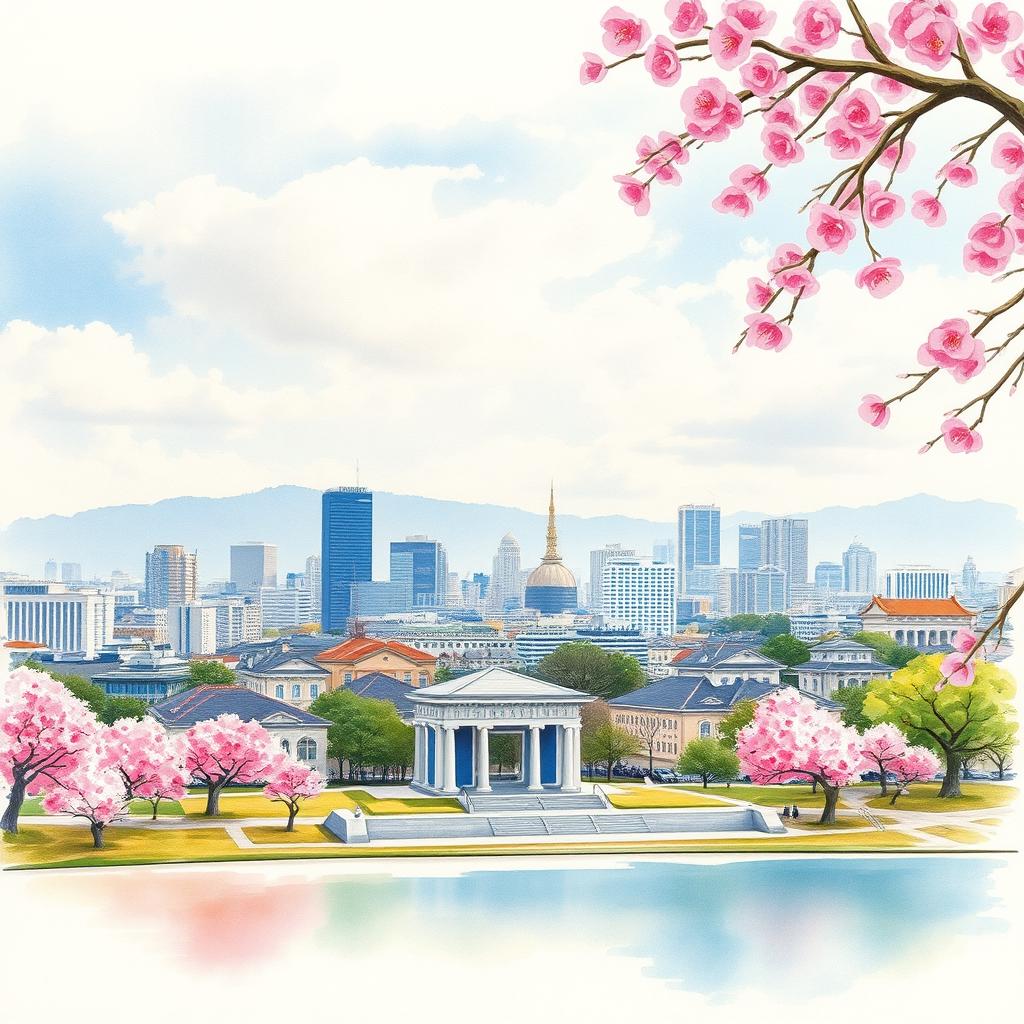 A beautiful watercolor painting of Hiroshima, depicting an expansive view of the cityscape with traditional Japanese architecture blended with modern buildings