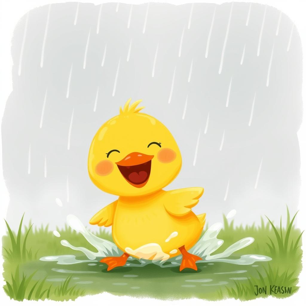 A cute little yellow duck joyfully splashing in the rain, illustrated in the whimsical style of Jon Klassen