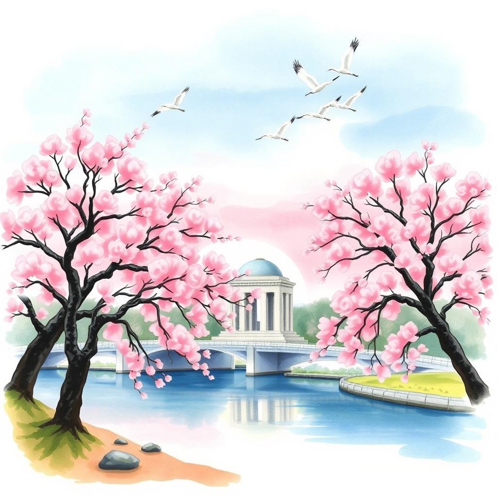 A serene Japanese watercolor painting depicting the historical and cultural essence of Hiroshima