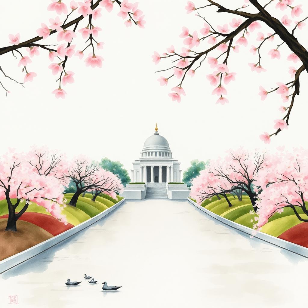 A minimalist Japanese watercolor painting depicting the serene landscape of Hiroshima, featuring soft washes of colors that represent the famous cherry blossoms in bloom