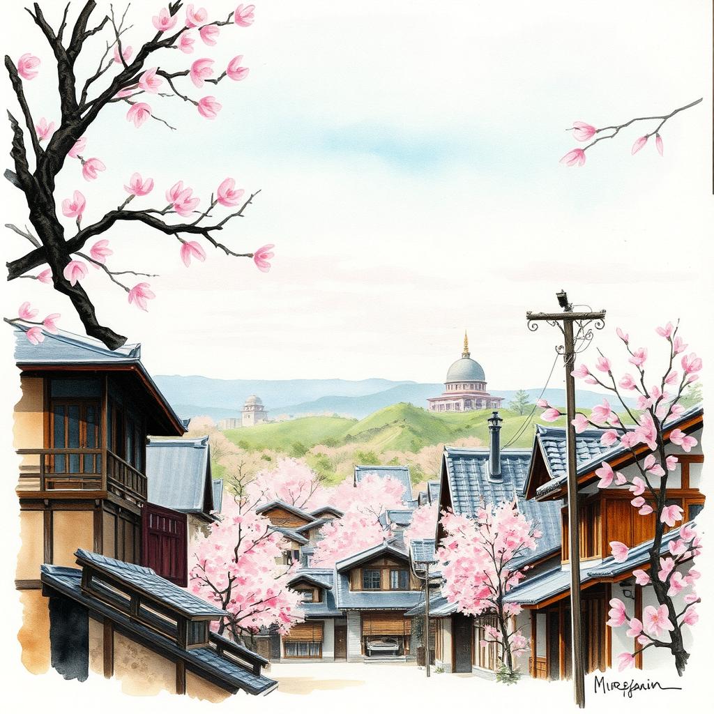 A rough, expressive Japanese watercolor painting depicting Hiroshima, capturing the essence of the city’s landscape with a focus on traditional architecture and gentle hills