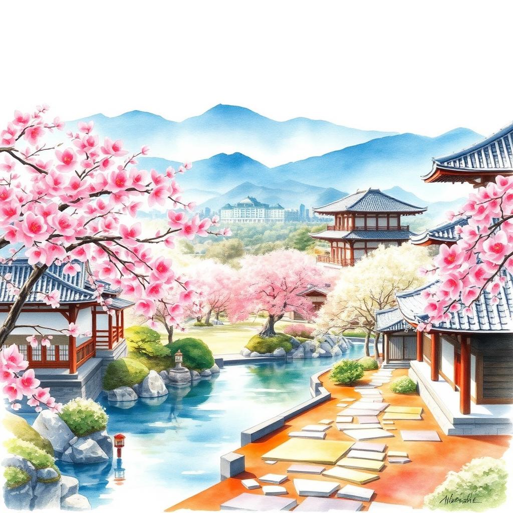A stunning watercolour painting capturing the beauty and essence of Hiroshima, showcasing classic Japanese aesthetics
