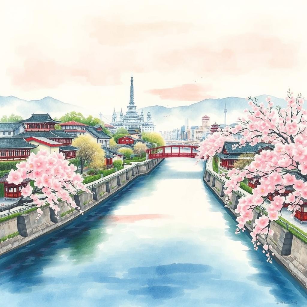 A beautiful classic Japanese watercolour painting depicting Hiroshima