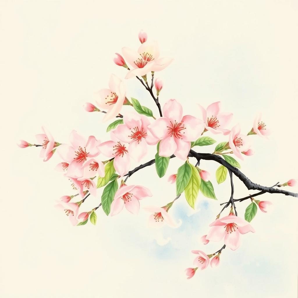 A beautiful classic Japanese watercolour painting featuring delicate cherry blossoms in full bloom, embodying the serene and tranquil Japanese aesthetic