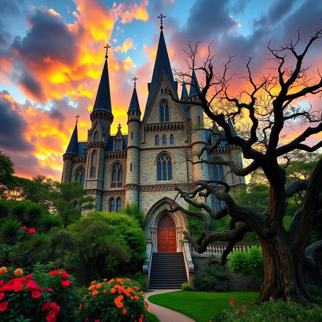 A majestic castle set against a dramatic sunset sky, with its tall spires reaching into the clouds