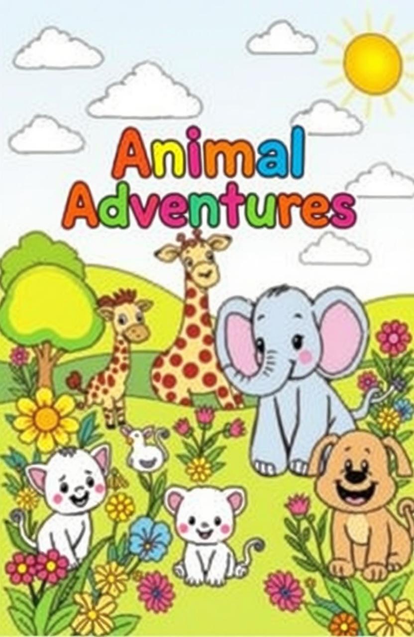 A delightful children's coloring book cover featuring a variety of cute and friendly animals such as a cheerful elephant, playful kittens, a smiling giraffe, and a happy dog