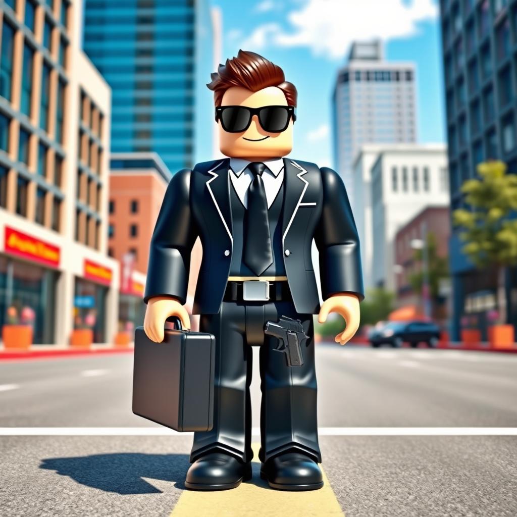 A Roblox character confidently standing in a city street, dressed in a sharp suit with a sleek black tie