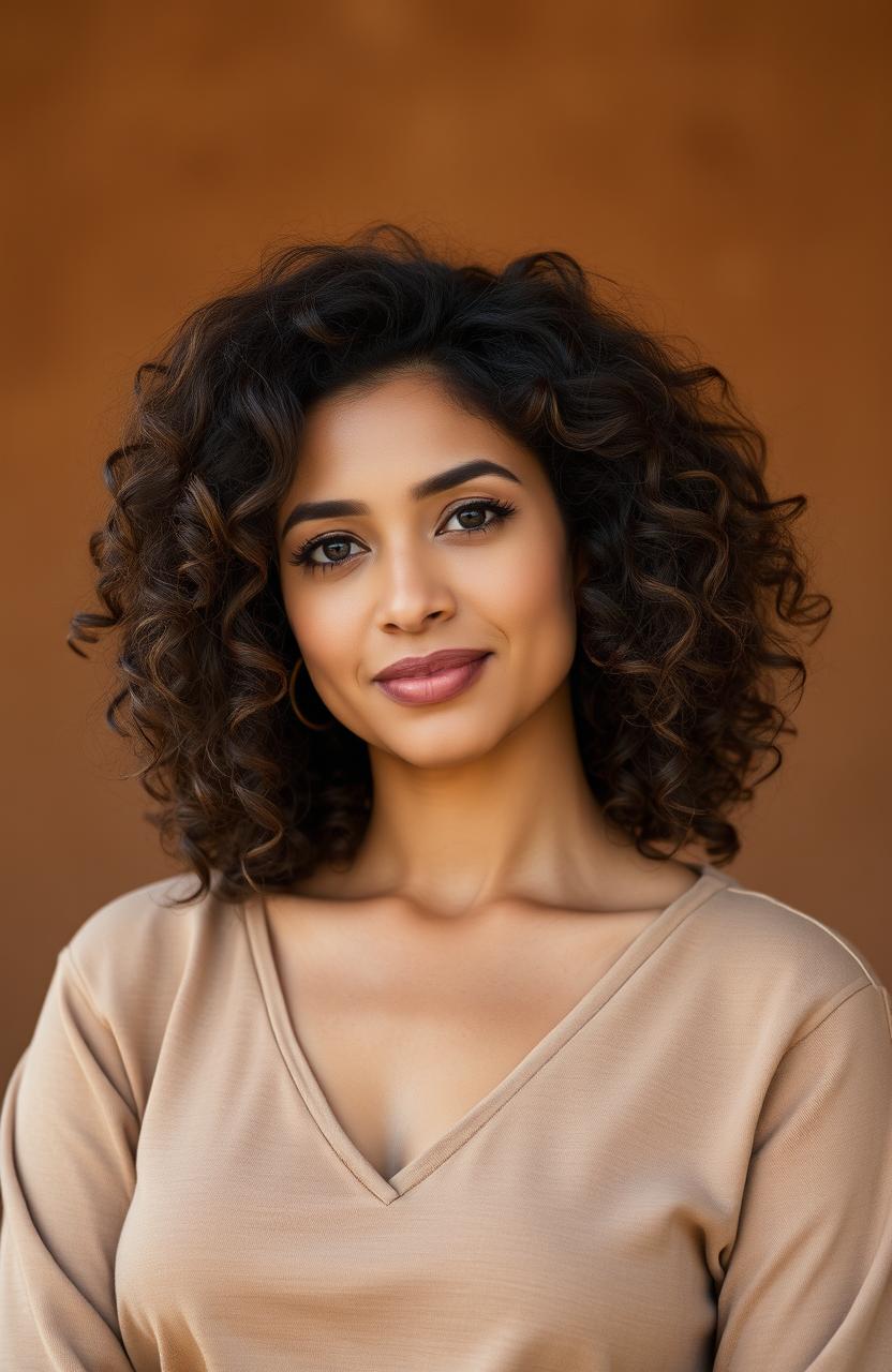 A mid-range portrait of a woman with A2 wavy, naturally voluminous hair, standing with a calm and soothing gaze, radiating warmth and quiet wisdom