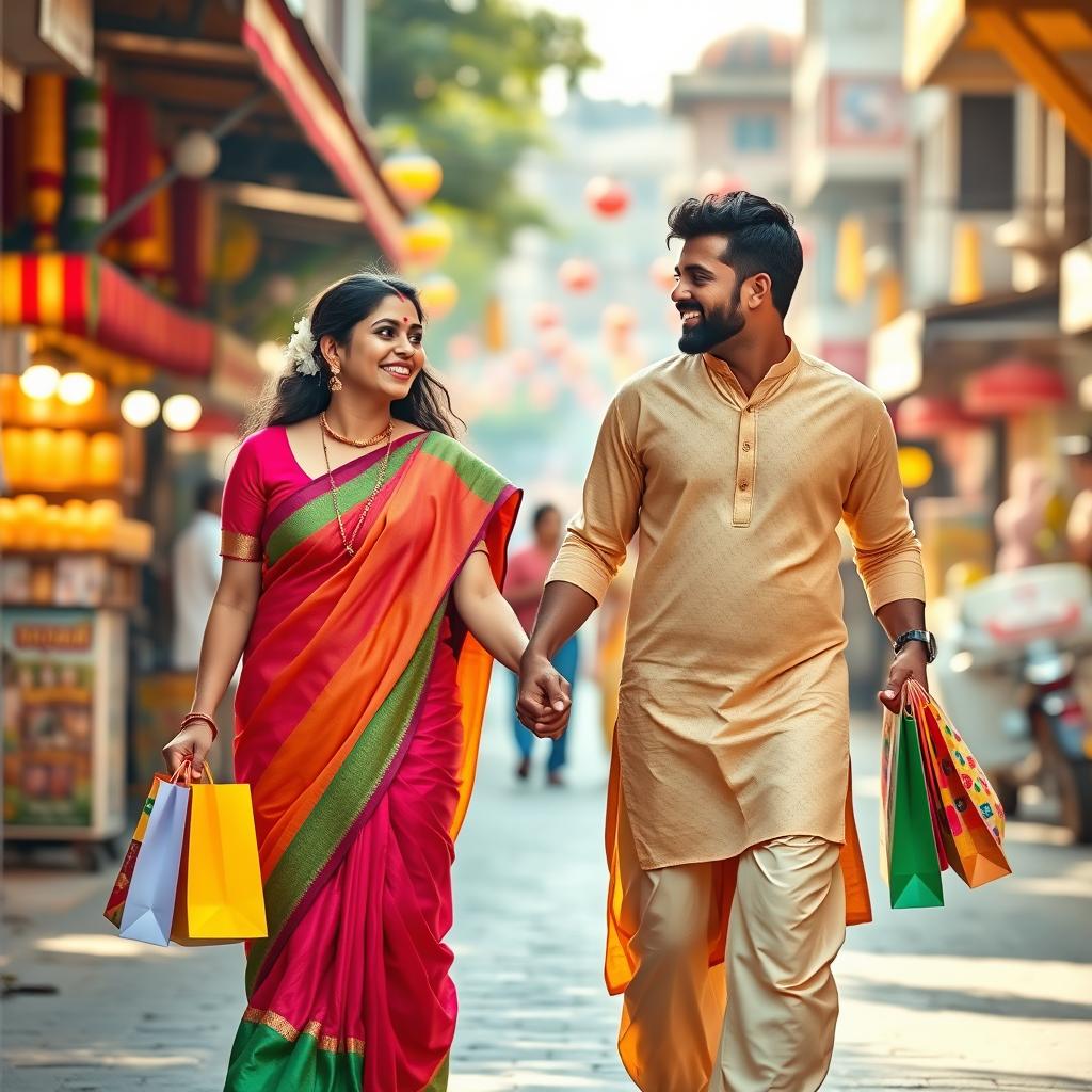 A Maharashtrian couple joyfully walking on a lively street after a shopping spree, hand in hand