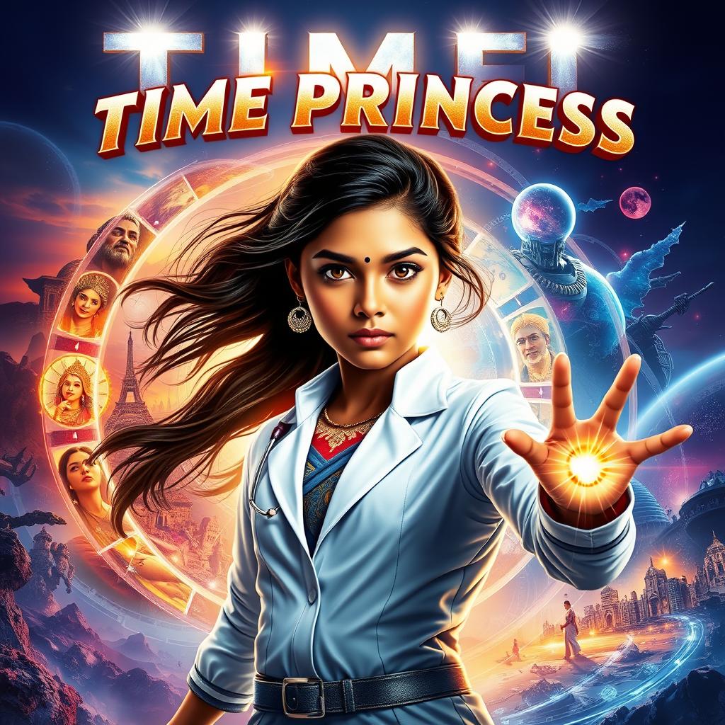 A stunning cinematic action film poster titled 'TIME PRINCESS', featuring a beautiful Indian girl with extraordinary time-controlling powers