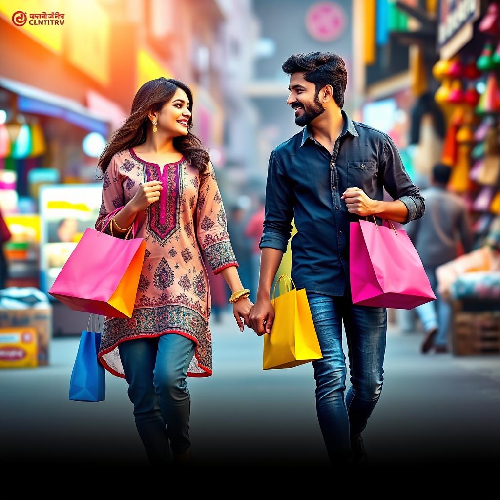 A Maharashtrian couple joyfully walking hand in hand on a bustling street after a delightful shopping trip