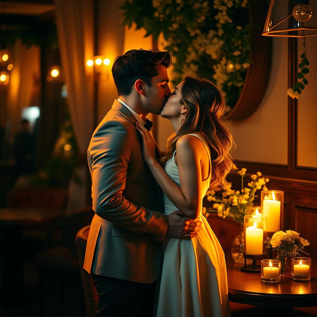 A romantic scene depicting two people sharing a passionate kiss in a beautifully decorated dimly lit cafe