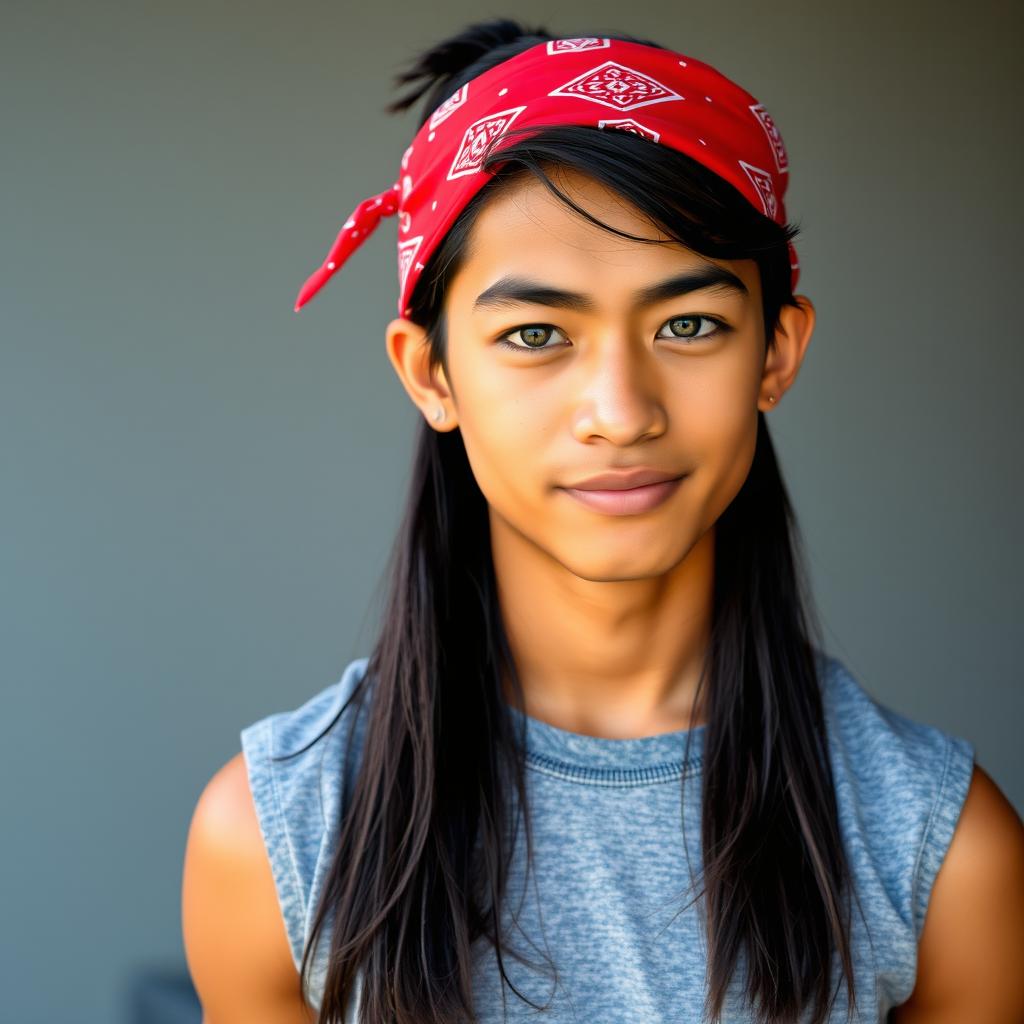 An 18-year-old Filipino boy with a confident demeanor stands proudly