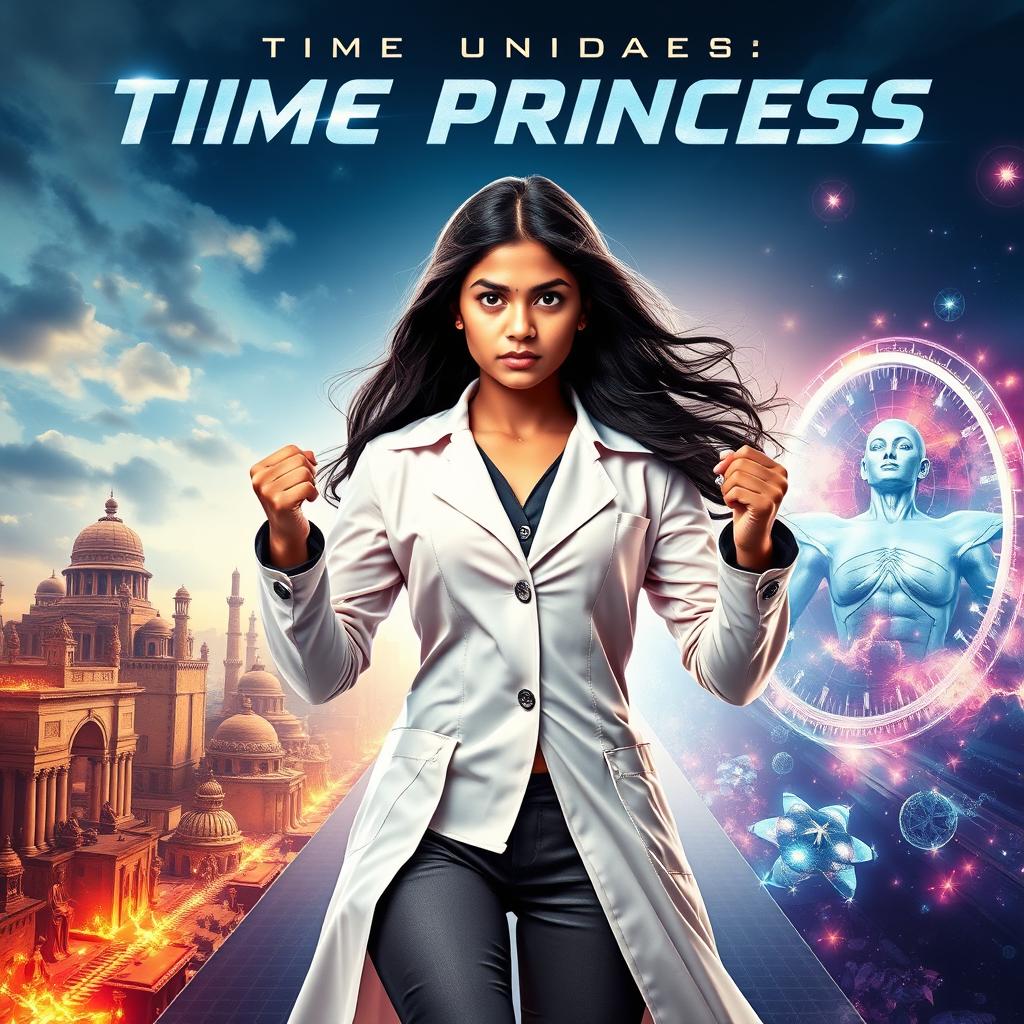 A striking cinematic action film poster titled 'TIME PRINCESS', featuring a beautiful Indian girl endowed with time-controlling powers
