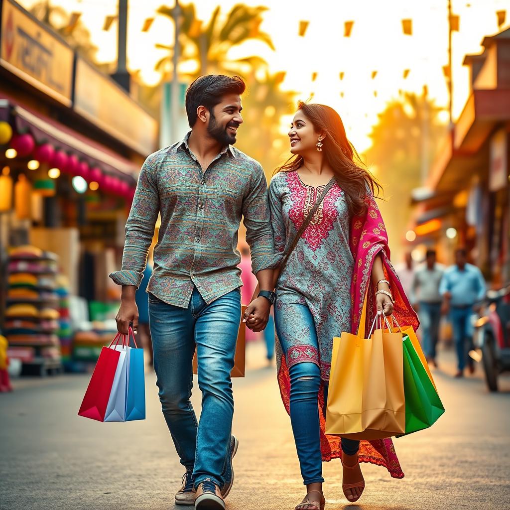 A cheerful Maharashtrian couple walking hand in hand on a busy street after a joyful shopping experience