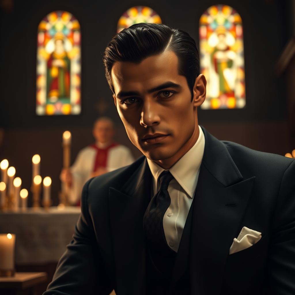 A cinematic and dramatic still image inspired by the famous baptism scene from The Godfather, featuring Donny Grey, a handsome Latino man in his early 30s with hazel eyes and slicked-back dark hair