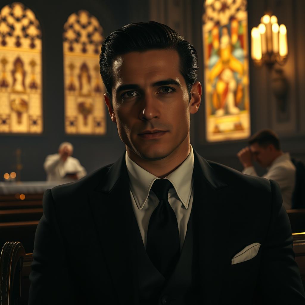 A cinematic and dramatic still image inspired by the famous baptism scene from The Godfather, reimagined with a modern Latino actor as Michael Corleone