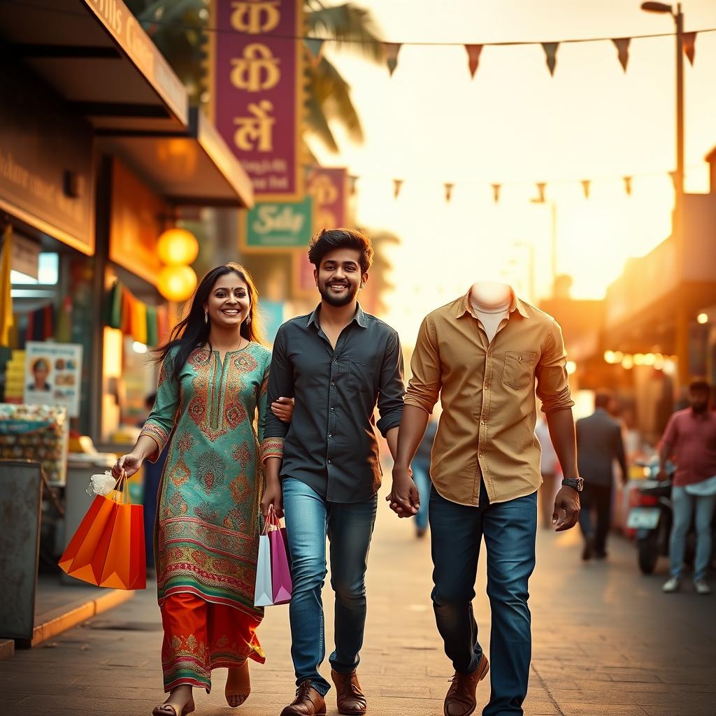 A cheerful Maharashtrian couple walking hand in hand down a vibrant street after an enjoyable shopping excursion
