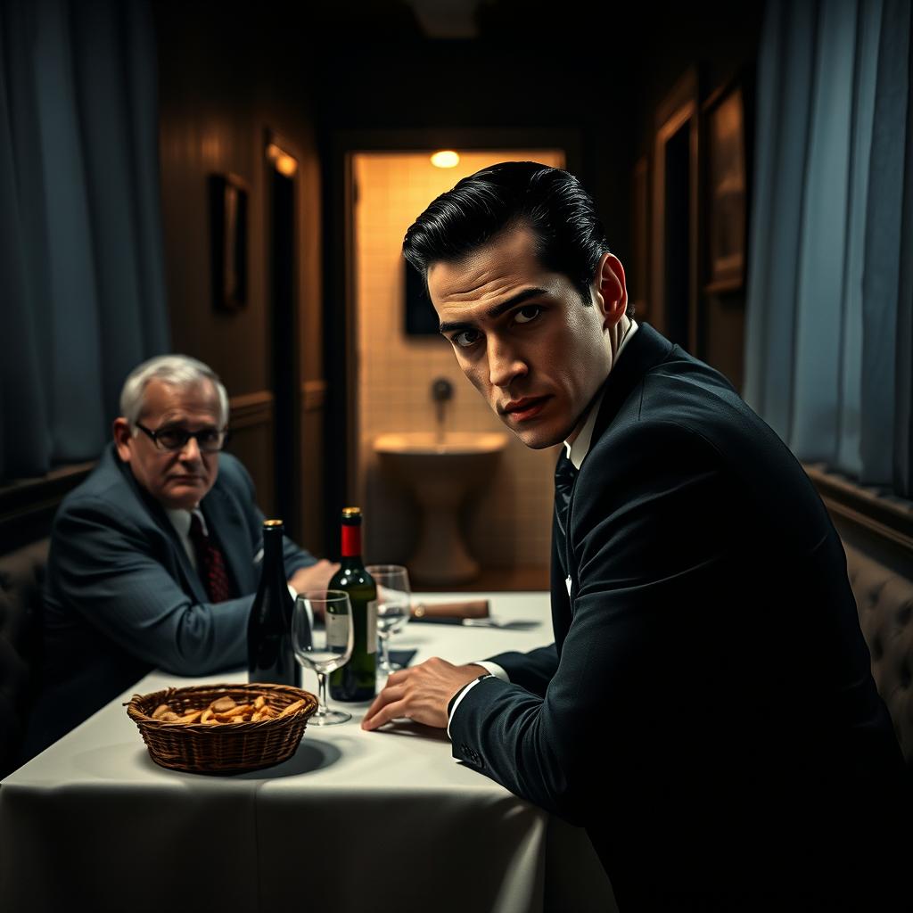 A dark, cinematic still image inspired by a restaurant assassination scene, featuring a modern Latino actor playing Michael Corleone