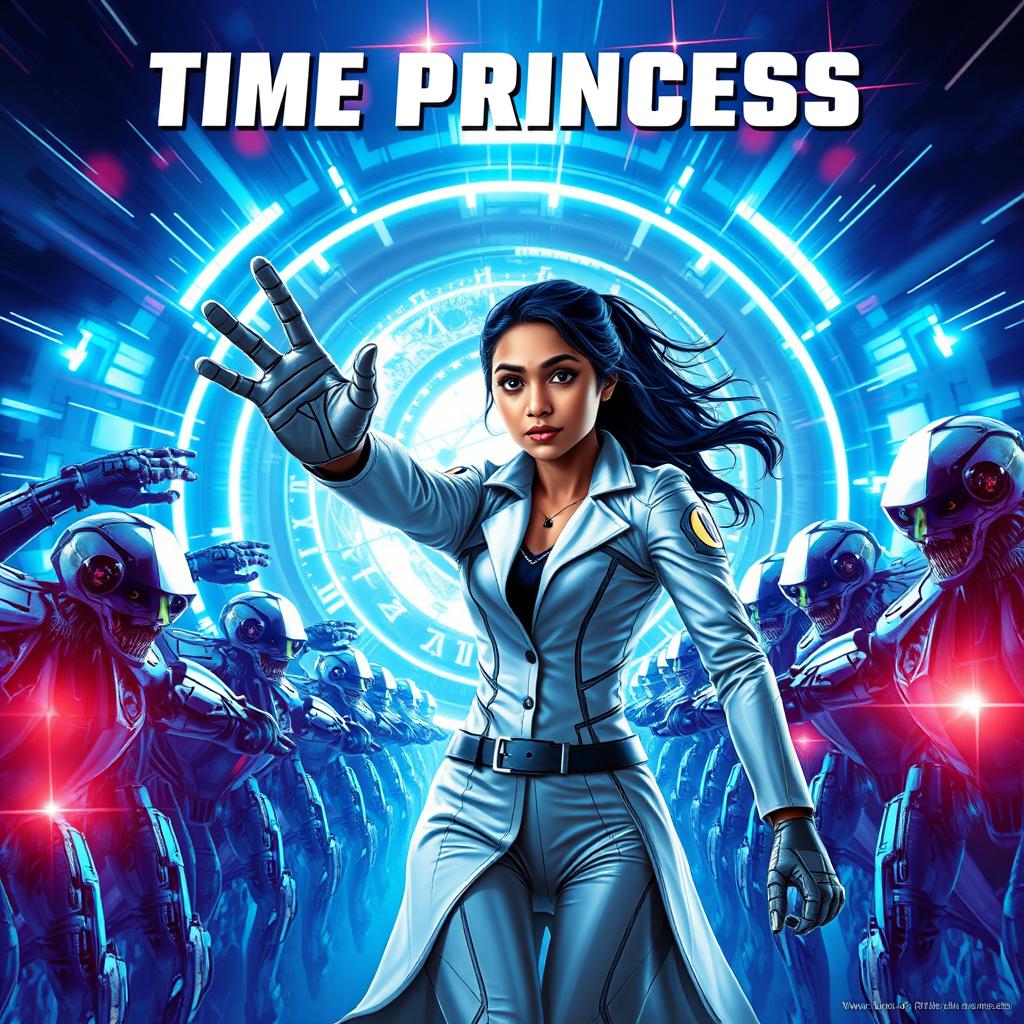 An exhilarating cinematic action film poster titled 'TIME PRINCESS', featuring a beautiful Indian girl with time-controlling powers dressed in a sleek, futuristic scientist outfit