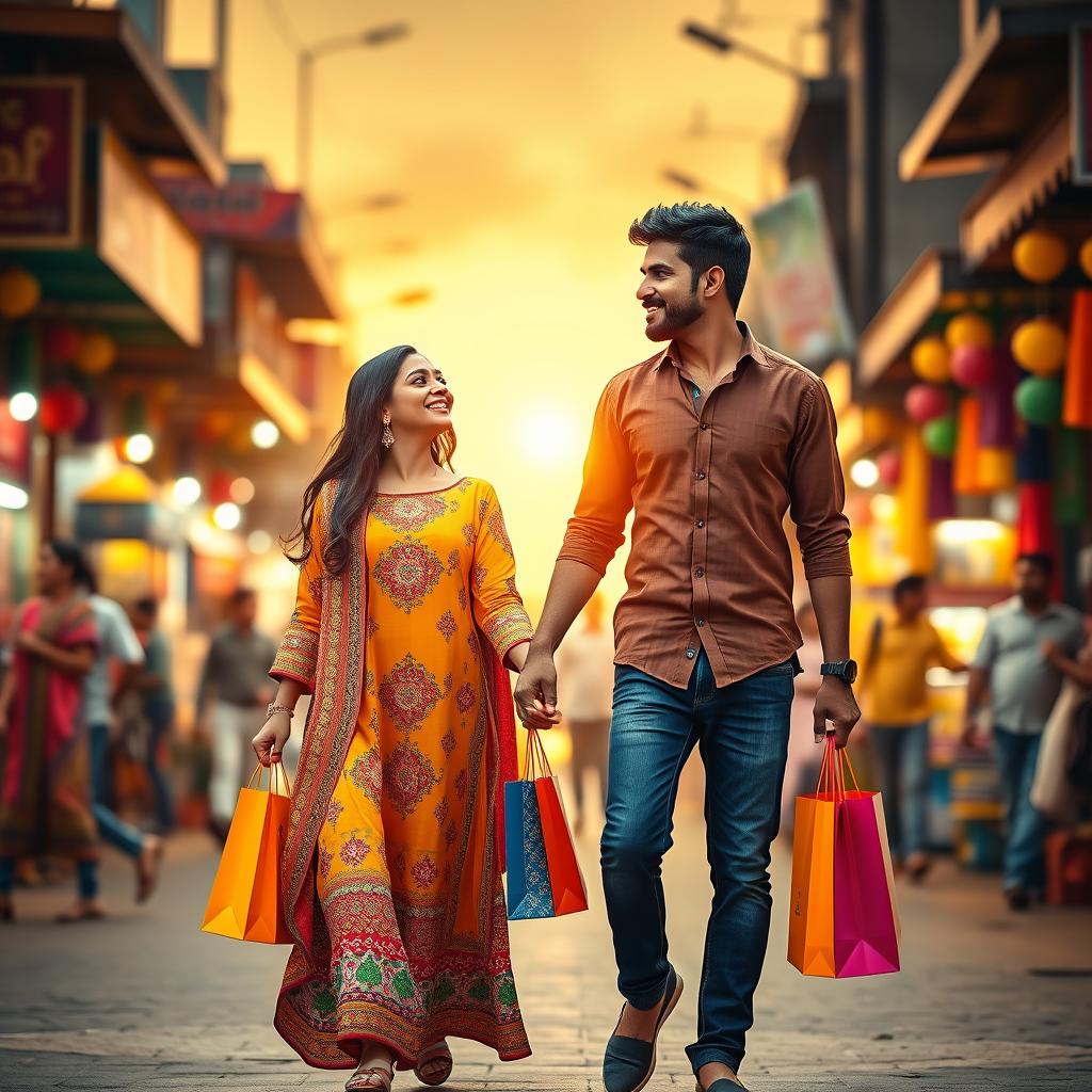 A portrait-oriented cinematic film poster depicting a happy Maharashtrian couple walking hand in hand down a lively street after an enjoyable shopping spree