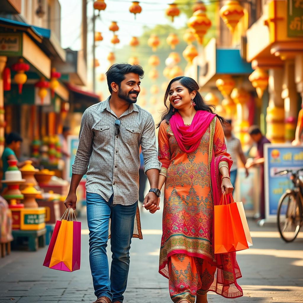 A portrait-oriented cinematic film poster featuring a joyful Maharashtrian couple walking hand in hand on a bustling street after a delightful shopping trip