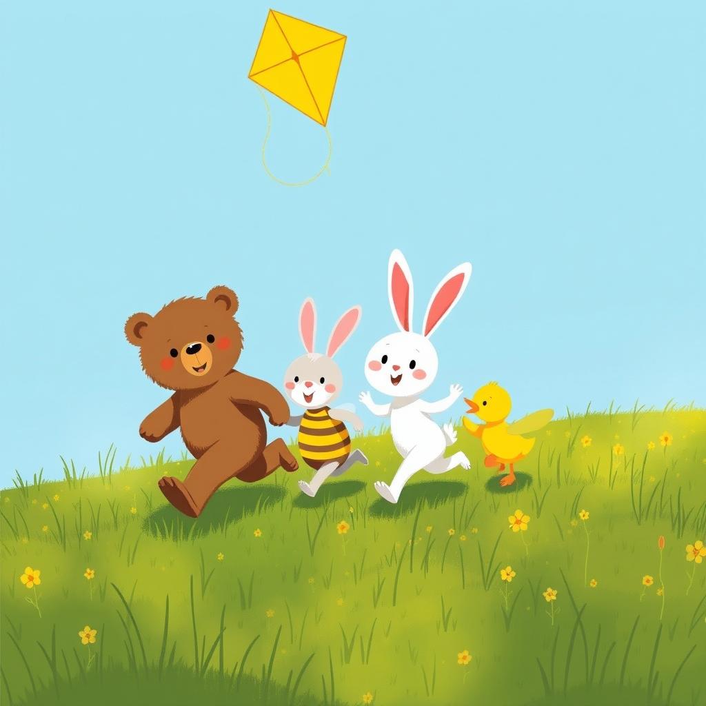 A cute little bear, an adorable bunny, a charming little bee, and a delightful yellow duck joyfully chasing a kite on a grassy meadow, illustrated in the whimsical style of Jon Klassen