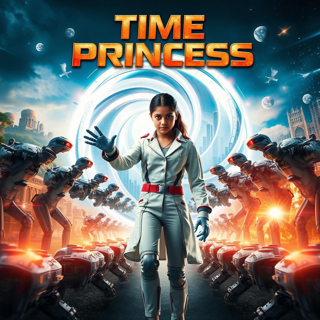 An electrifying cinematic action film poster titled 'TIME PRINCESS', showcasing a beautiful Indian girl with exceptional time-controlling powers, dressed in a cutting-edge scientist outfit