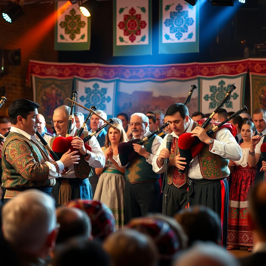 A vibrant concert scene featuring skilled musicians playing bagpipes and gadulkas, surrounded by an enthusiastic audience