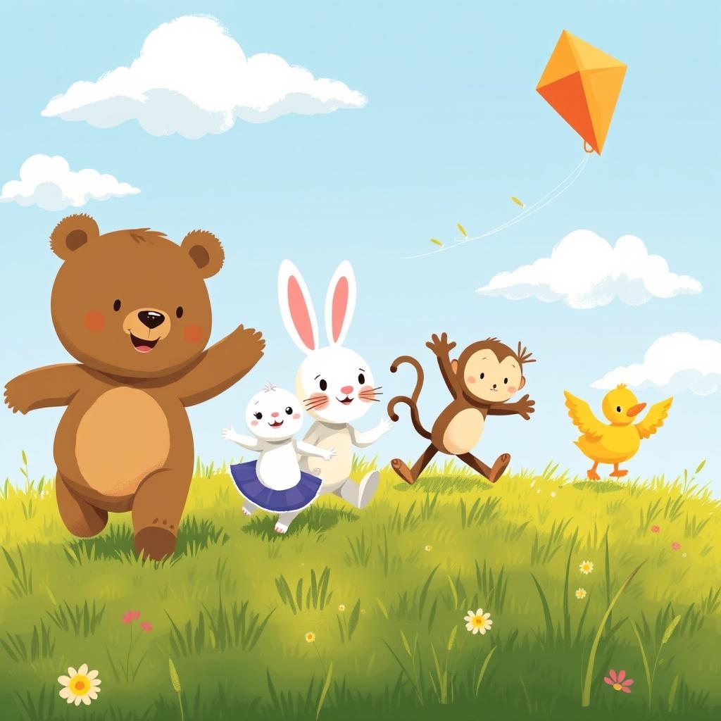 A cute little bear, an adorable bunny, a charming little monkey, and a delightful yellow duck joyfully chasing a kite on a grassy meadow, illustrated in the whimsical style of Jon Klassen