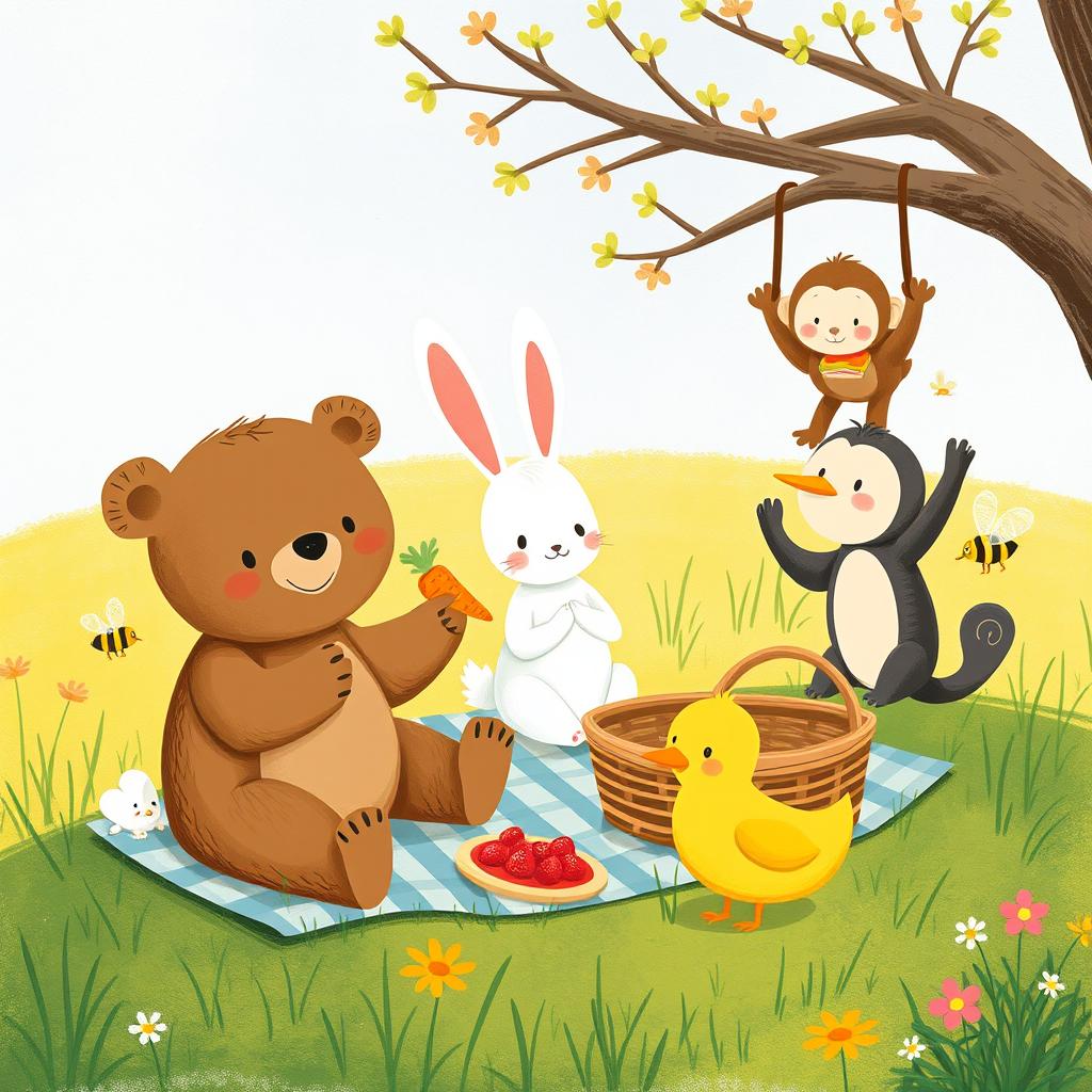 A cute little bear, an adorable bunny, a charming little monkey, a delightful yellow duck, and a happy little bee having a picnic on a grassy meadow, illustrated in the whimsical style of Jon Klassen