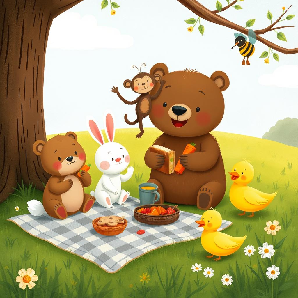 A cute little bear, an adorable bunny, a charming little monkey, a delightful yellow duck, and a happy little bee having a picnic on a grassy meadow, illustrated in the whimsical style of Jon Klassen