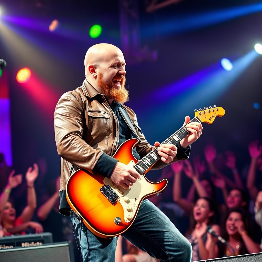 A bald man with a well-groomed beard is passionately playing a rock guitar on stage
