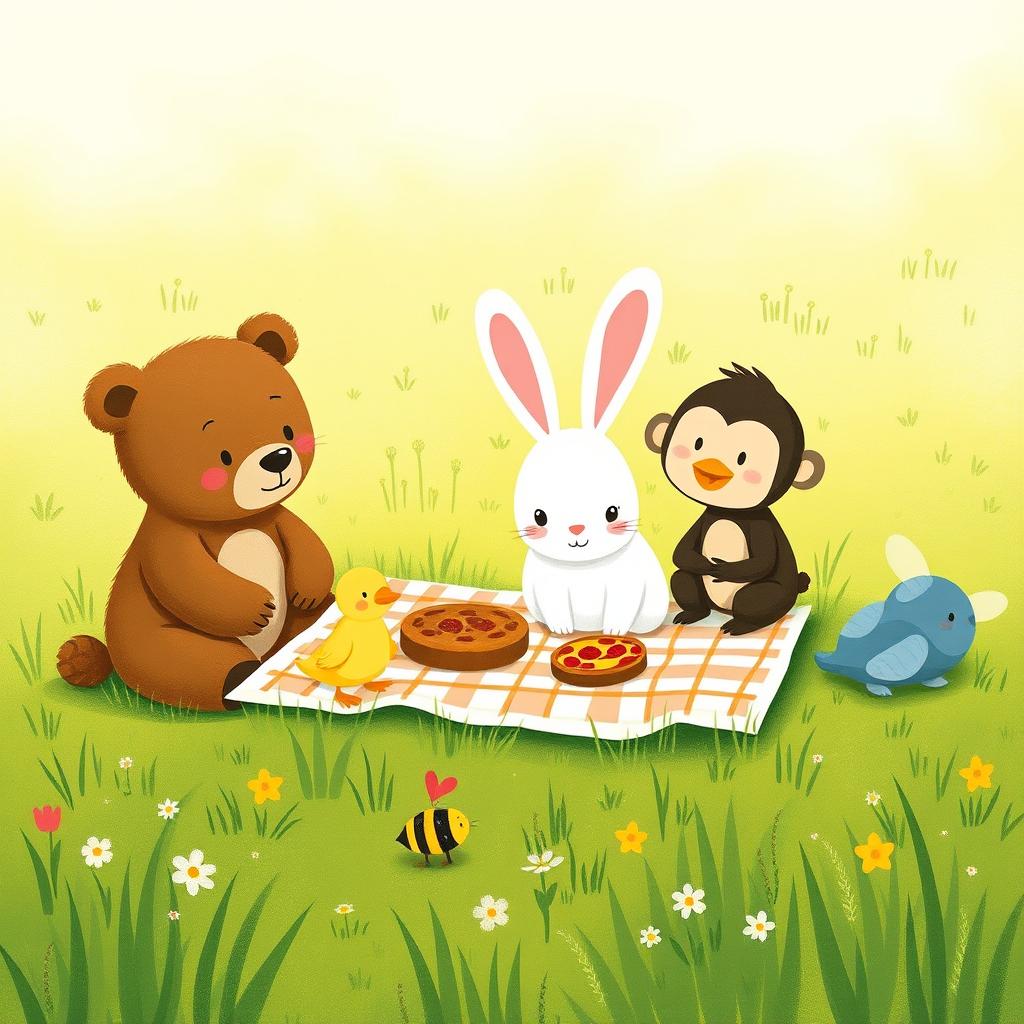 A cute little bear, an adorable little white rabbit, a charming little monkey, a delightful little yellow duck, and a small bee having a picnic on a grassy field, all designed in the style of Jon Klassen
