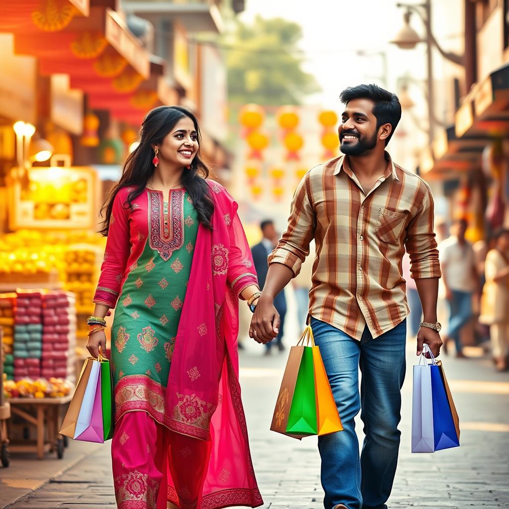 A portrait-oriented cinematic film poster featuring a happily content Maharashtrian couple of the same height walking hand in hand on a lively street after a delightful shopping trip