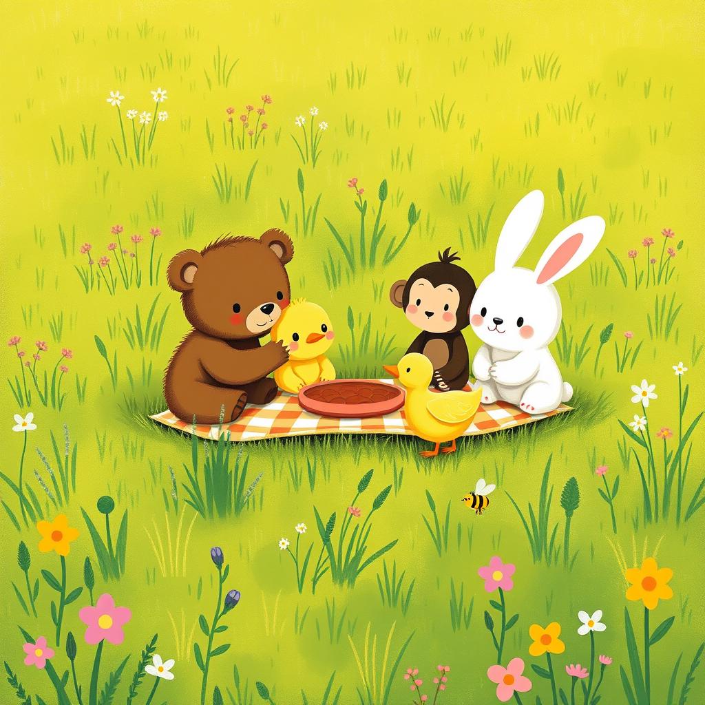 A cute little bear, an adorable little white rabbit, a charming little monkey, a delightful little yellow duck, and a small bee having a picnic on a grassy field, all portrayed in the style of Jon Klassen
